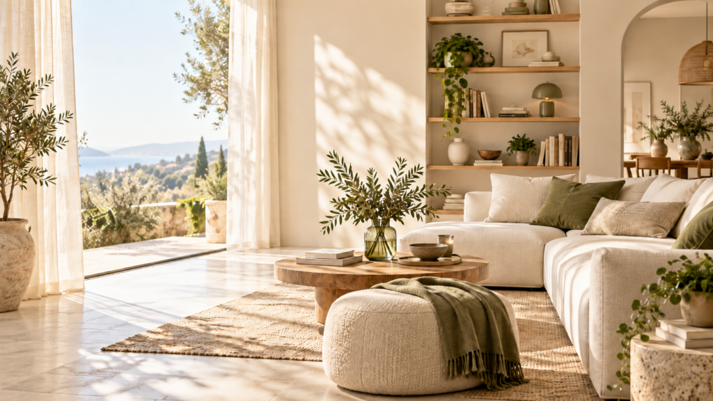 Salon lumineux aux tons beige et vert olive – Maison Futée.